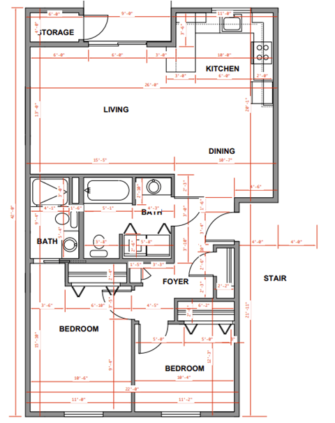 Floor plan for 2 beds, 2 baths, 970 sqft